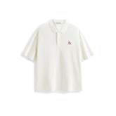Men's Beige Loose Solid Polo Shirt with Chest Embroidery